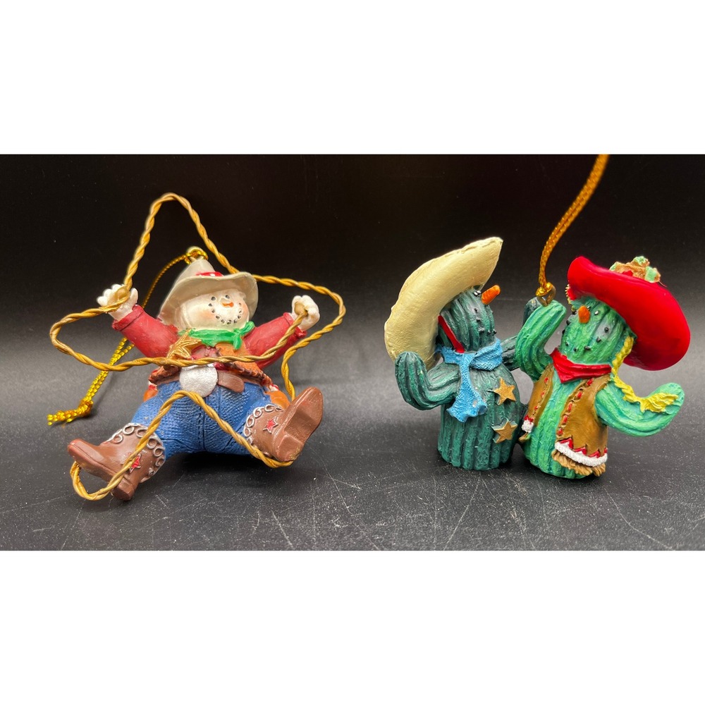 Western Cowboy Snowman Lasso Cactus Couple Resin Christmas Ornaments‎ Set 2